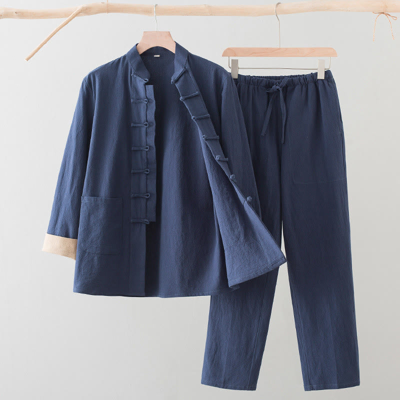 Nimara Ritual 2Pcs Tang Suit Men's Frog-Button Cotton Long Sleeve Shirt Pants Set With Pockets