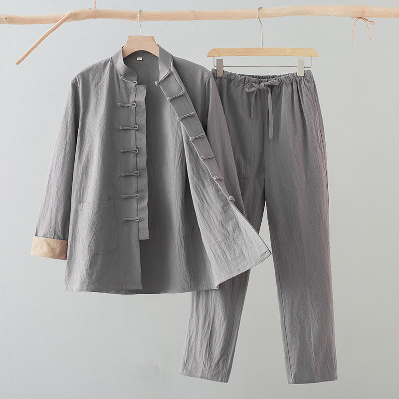 Nimara Ritual 2Pcs Tang Suit Men's Frog-Button Cotton Long Sleeve Shirt Pants Set With Pockets