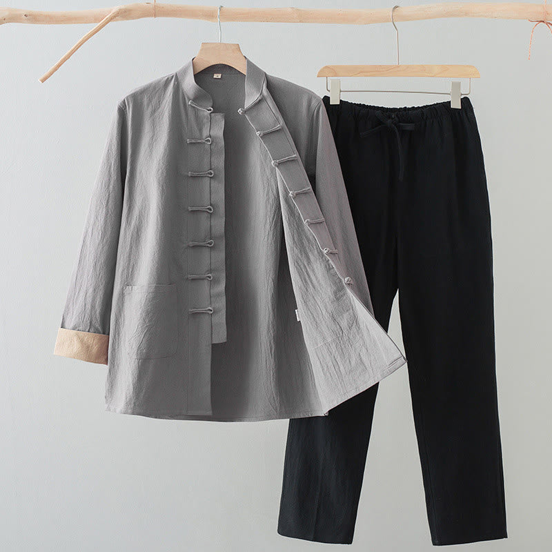 Nimara Ritual 2Pcs Tang Suit Men's Frog-Button Cotton Long Sleeve Shirt Pants Set With Pockets