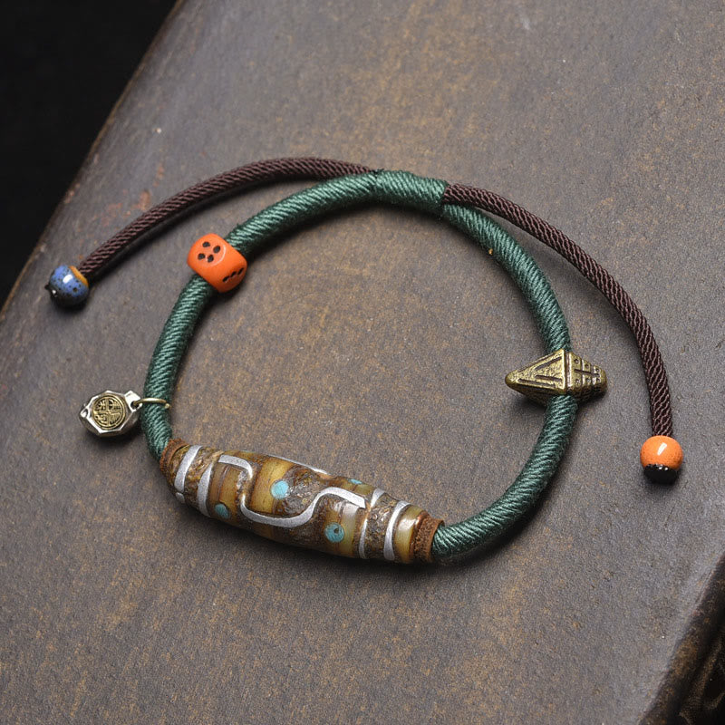 Nimara Ritual Handcrafted Tibetan Nine-eye Dzi Bead Protection Rope Bracelet
