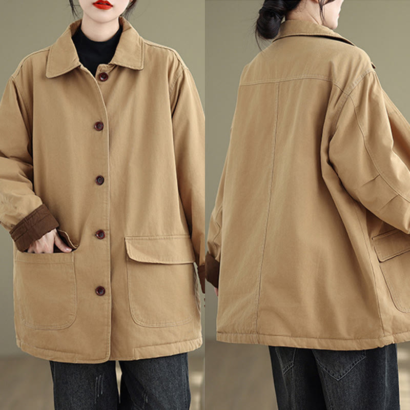 Nimara Ritual Plain Lapel Buttons Design Women's Long Sleeve Quilted Cotton Jacket With Pockets