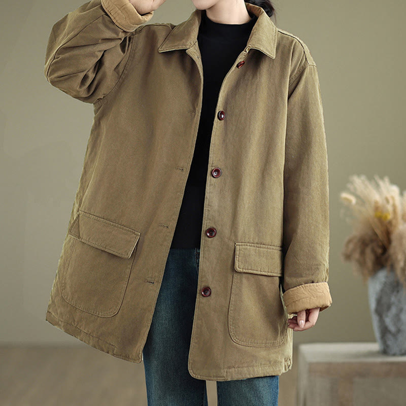 Nimara Ritual Plain Lapel Buttons Design Women's Long Sleeve Quilted Cotton Jacket With Pockets