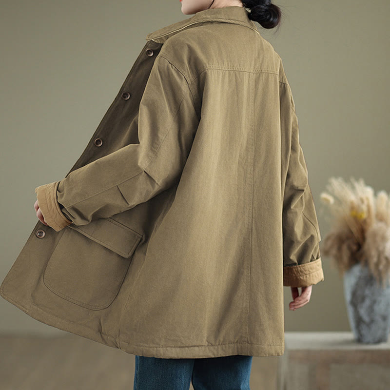 Nimara Ritual Plain Lapel Buttons Design Women's Long Sleeve Quilted Cotton Jacket With Pockets