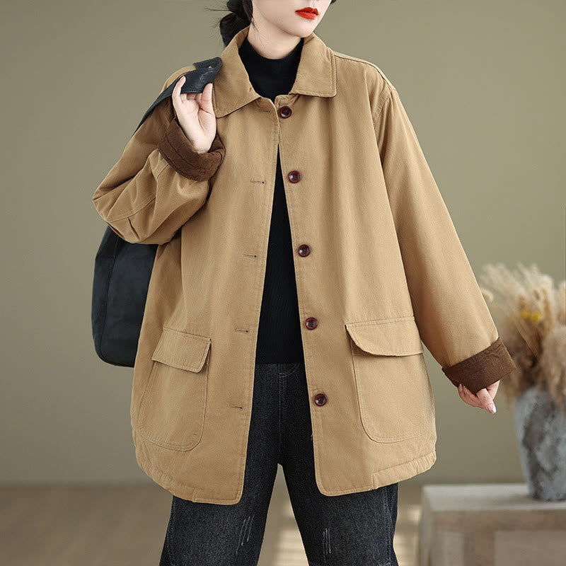 Nimara Ritual Plain Lapel Buttons Design Women's Long Sleeve Quilted Cotton Jacket With Pockets
