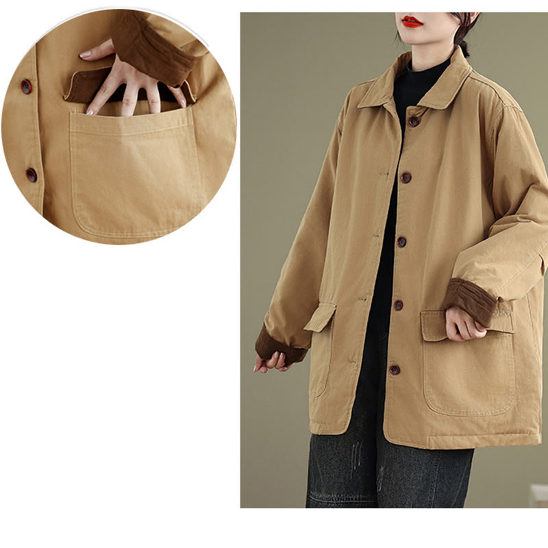 Nimara Ritual Plain Lapel Buttons Design Women's Long Sleeve Quilted Cotton Jacket With Pockets
