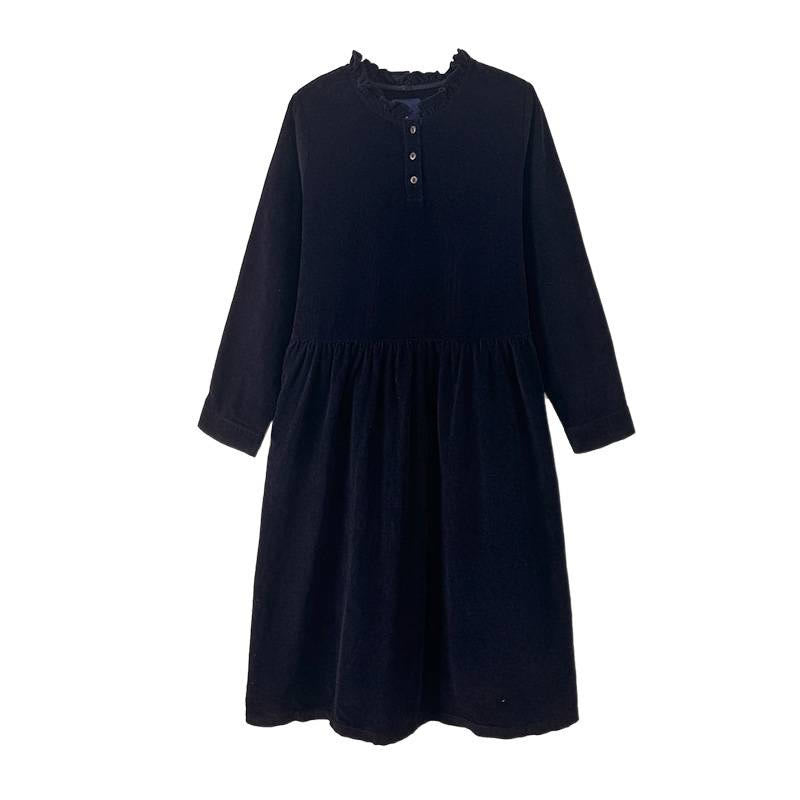 Nimara Ritual Lace-Up Design Ruffled Crew Neck Cotton Corduroy Long Sleeve Midi Dress With Pockets