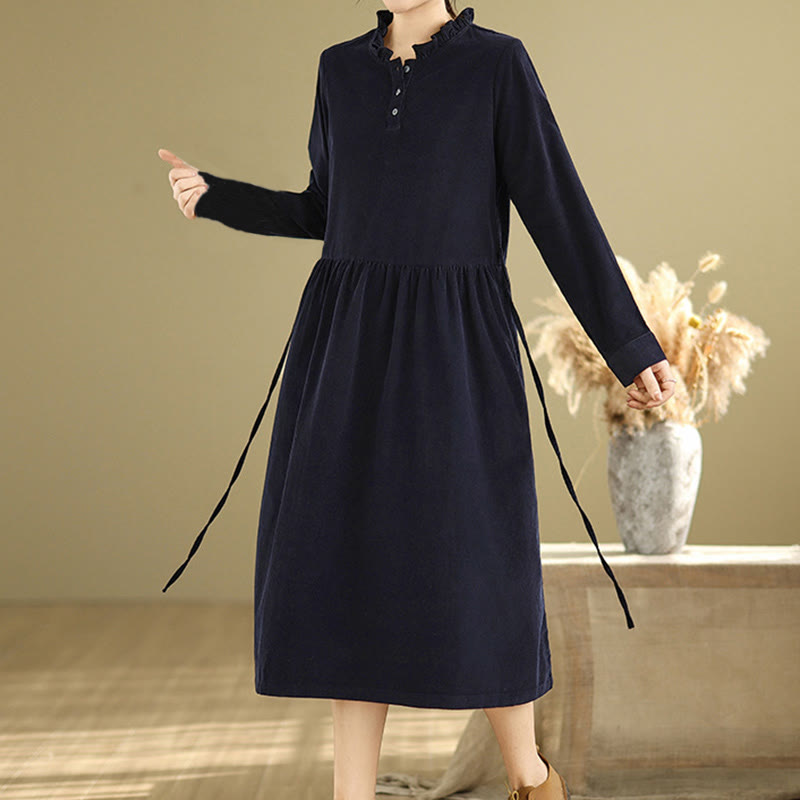 Nimara Ritual Lace-Up Design Ruffled Crew Neck Cotton Corduroy Long Sleeve Midi Dress With Pockets