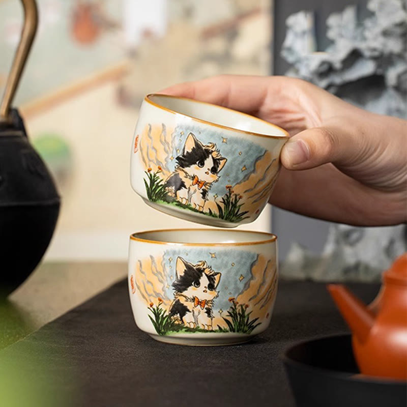 Nimara Ritual Cute Bow Tie Cat Teacup Kung Fu Tea Cup