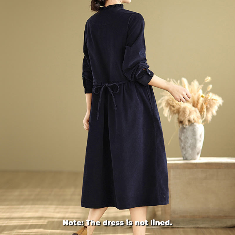Nimara Ritual Lace-Up Design Ruffled Crew Neck Cotton Corduroy Long Sleeve Midi Dress With Pockets