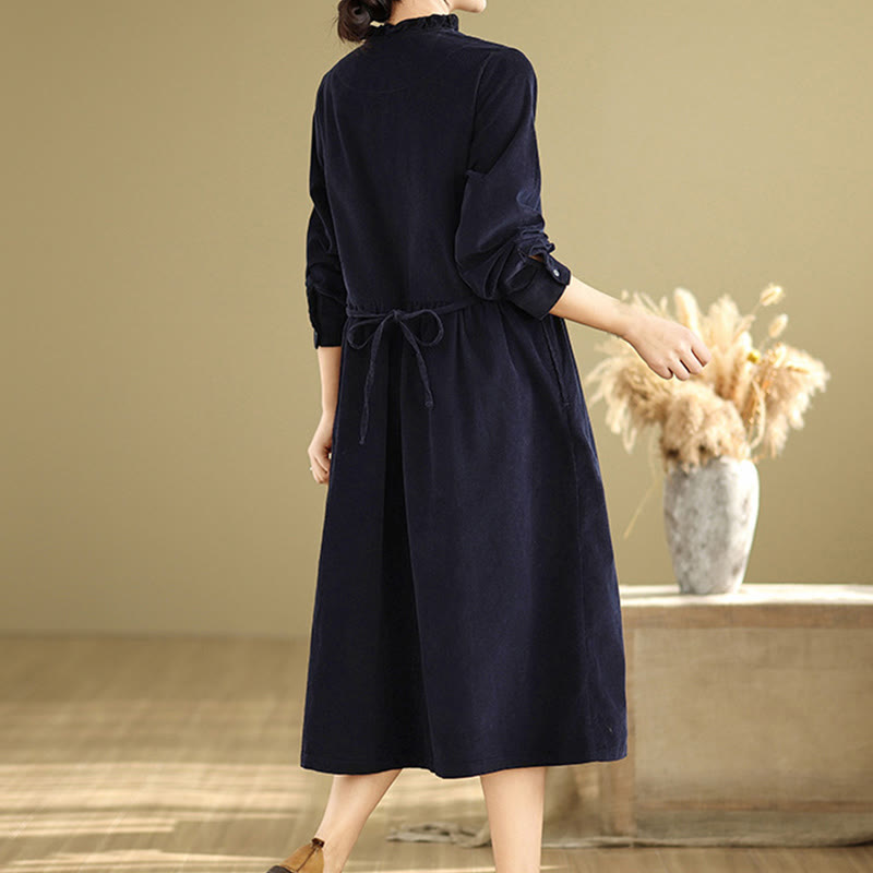 Nimara Ritual Lace-Up Design Ruffled Crew Neck Cotton Corduroy Long Sleeve Midi Dress With Pockets