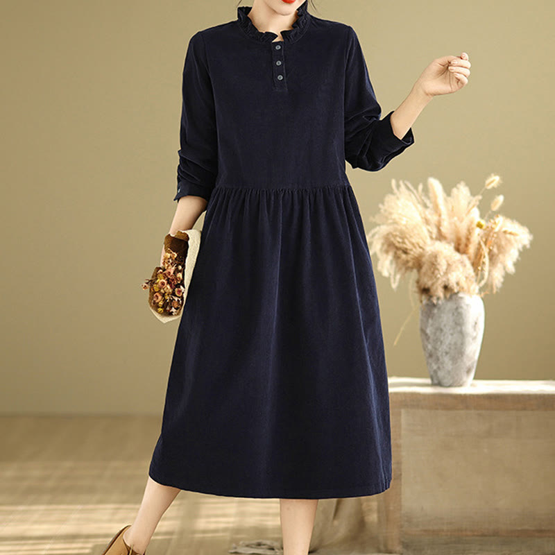Nimara Ritual Lace-Up Design Ruffled Crew Neck Cotton Corduroy Long Sleeve Midi Dress With Pockets