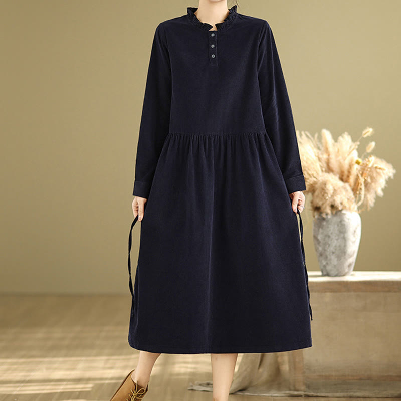 Nimara Ritual Lace-Up Design Ruffled Crew Neck Cotton Corduroy Long Sleeve Midi Dress With Pockets