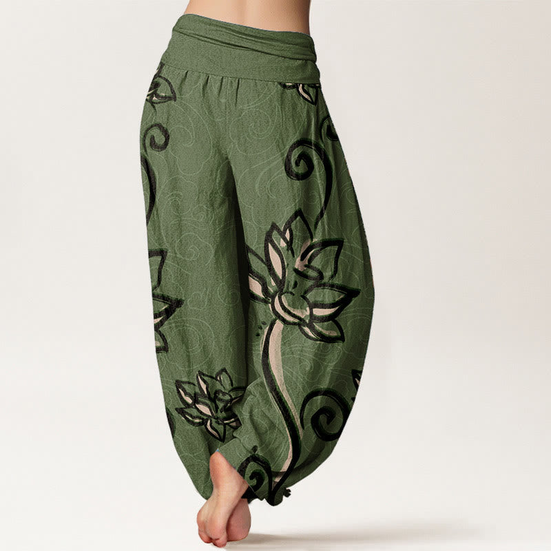 Nimara Ritual Pure Cotton Casual Lotus Auspicious Clouds Design Women's Elastic Waist Harem Pants