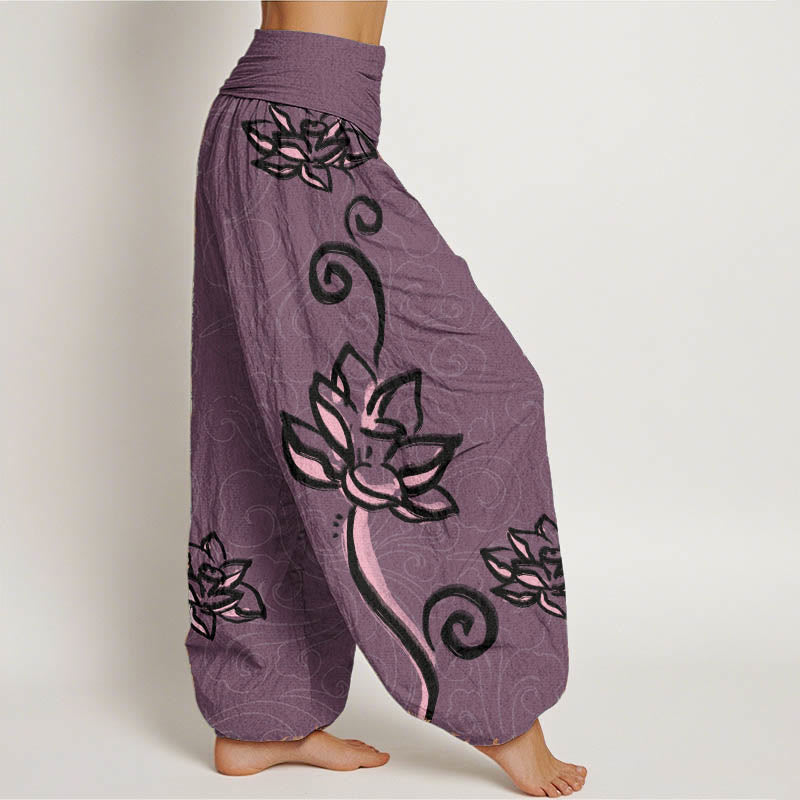 Nimara Ritual Pure Cotton Casual Lotus Auspicious Clouds Design Women's Elastic Waist Harem Pants