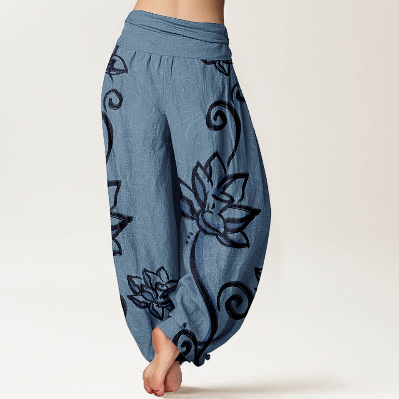 Nimara Ritual Pure Cotton Casual Lotus Auspicious Clouds Design Women's Elastic Waist Harem Pants