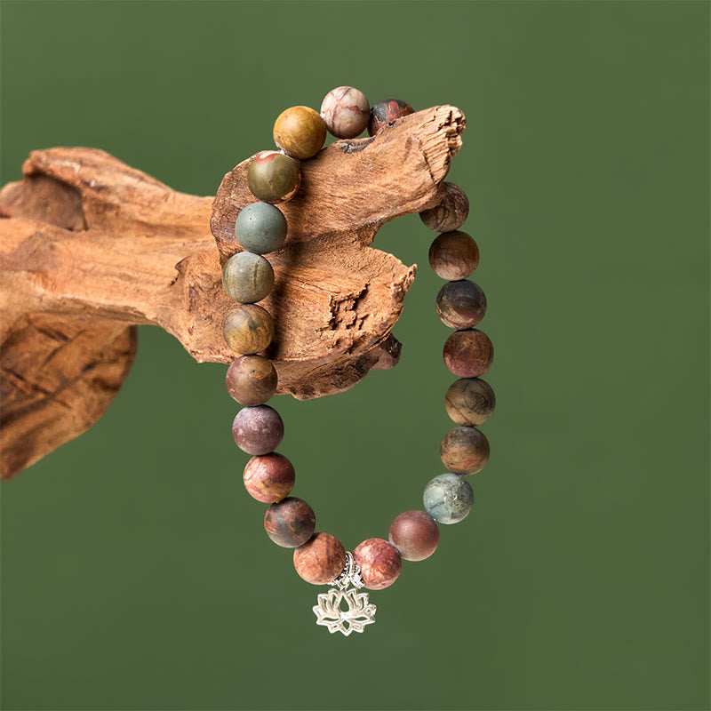 Nimara Ritual 925 Sterling Silver Lotus Design Picasso Jasper Positive Bracelet