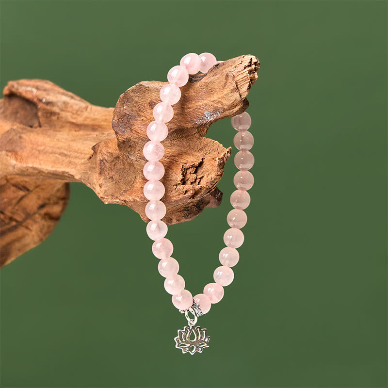 Nimara Ritual 925 Sterling Silver Lotus Design Natural Pink Crystal Soothing Bracelet