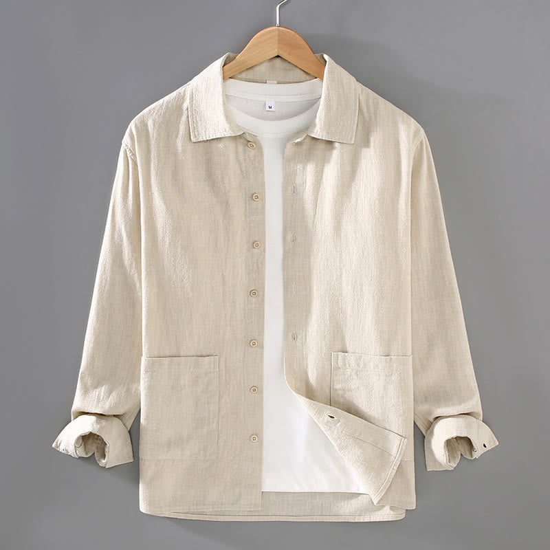 Nimara Ritual Solid Color Long Sleeve Buttons Shirt Men Ramie Cotton Clothing With Pockets