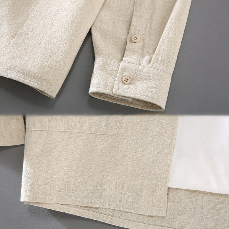 Nimara Ritual Solid Color Long Sleeve Buttons Shirt Men Ramie Cotton Clothing With Pockets