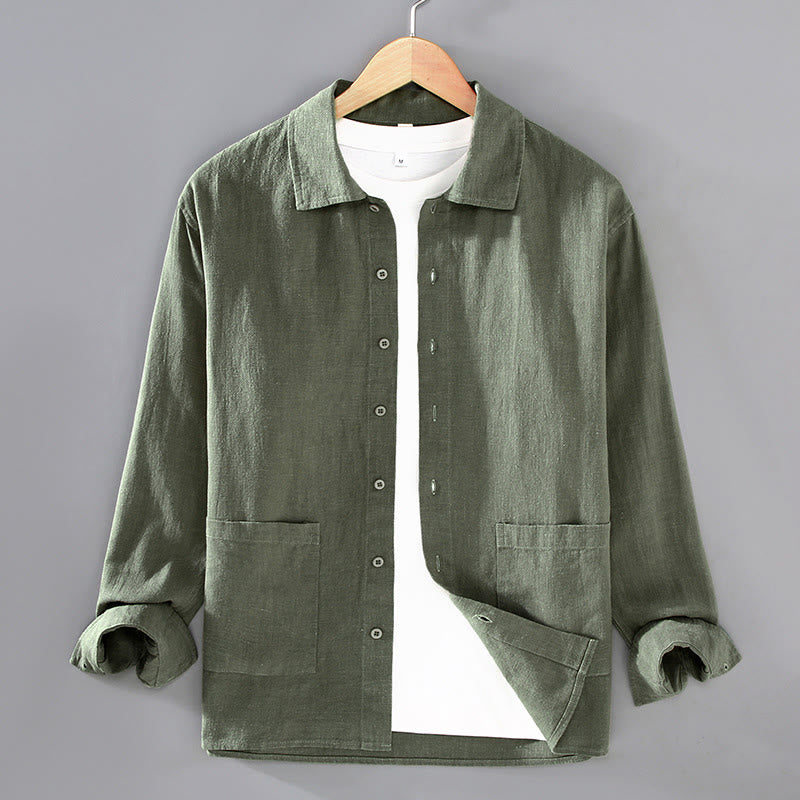 Nimara Ritual Solid Color Long Sleeve Buttons Shirt Men Ramie Cotton Clothing With Pockets