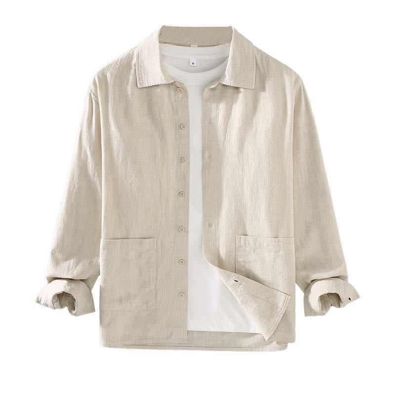 Nimara Ritual Solid Color Long Sleeve Buttons Shirt Men Ramie Cotton Clothing With Pockets