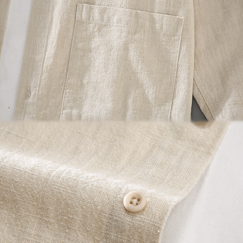 Nimara Ritual Solid Color Long Sleeve Buttons Shirt Men Ramie Cotton Clothing With Pockets