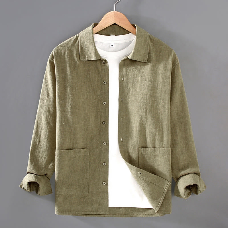 Nimara Ritual Solid Color Long Sleeve Buttons Shirt Men Ramie Cotton Clothing With Pockets