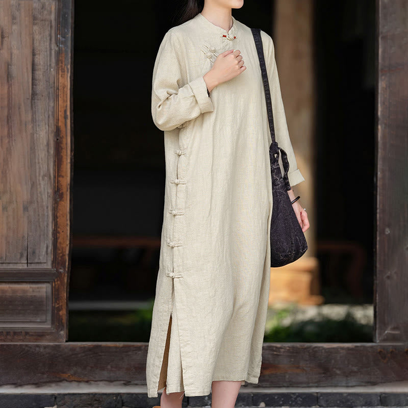 Nimara Ritual Fall Plain Chinese Frog-Button Design Cotton Linen Long Sleeve Midi Dress With Pockets