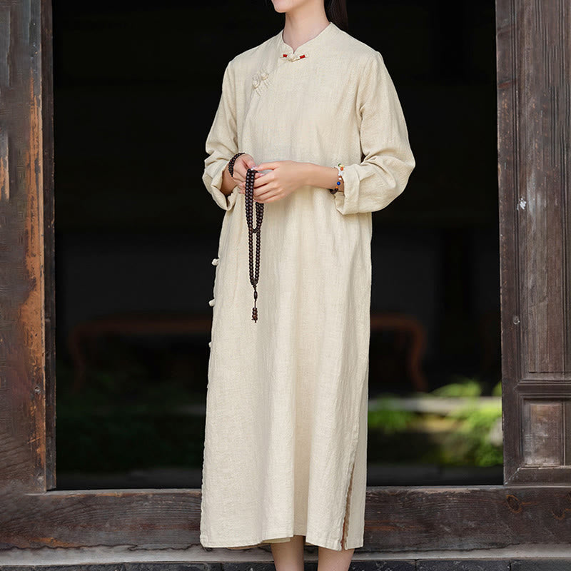 Nimara Ritual Fall Plain Chinese Frog-Button Design Cotton Linen Long Sleeve Midi Dress With Pockets