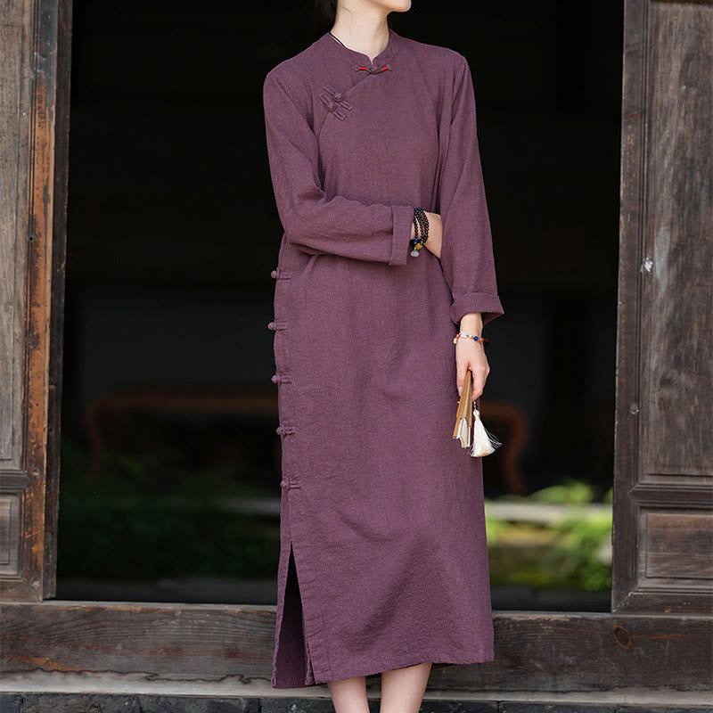 Nimara Ritual Fall Plain Chinese Frog-Button Design Cotton Linen Long Sleeve Midi Dress With Pockets