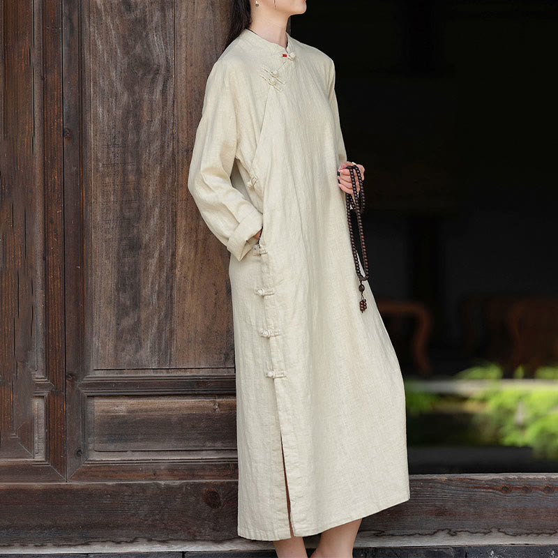 Nimara Ritual Fall Plain Chinese Frog-Button Design Cotton Linen Long Sleeve Midi Dress With Pockets