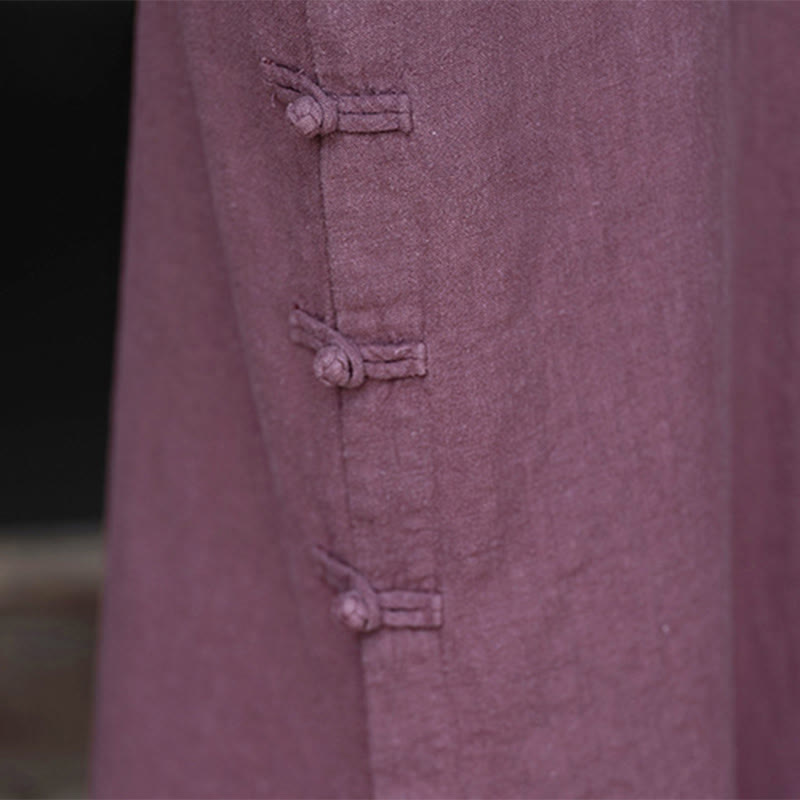 Nimara Ritual Fall Plain Chinese Frog-Button Design Cotton Linen Long Sleeve Midi Dress With Pockets