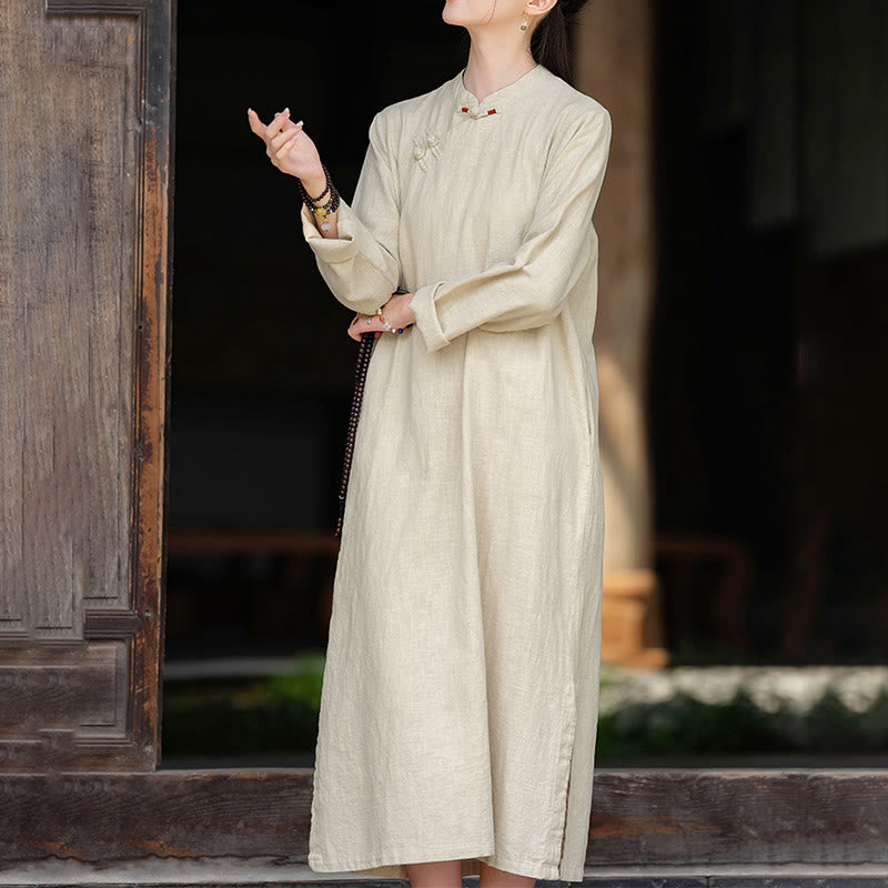 Nimara Ritual Fall Plain Chinese Frog-Button Design Cotton Linen Long Sleeve Midi Dress With Pockets