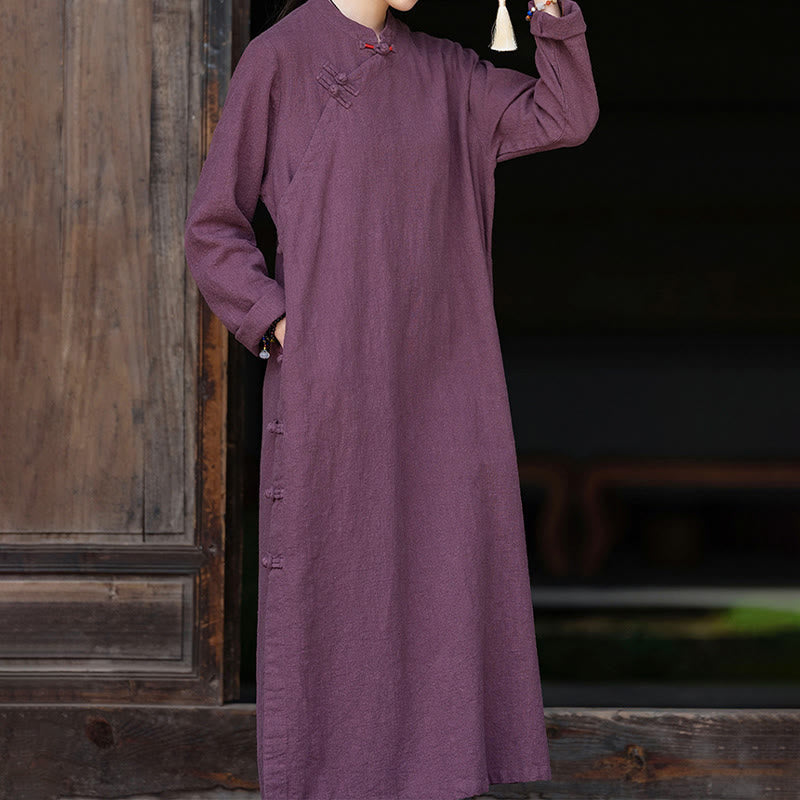 Nimara Ritual Fall Plain Chinese Frog-Button Design Cotton Linen Long Sleeve Midi Dress With Pockets
