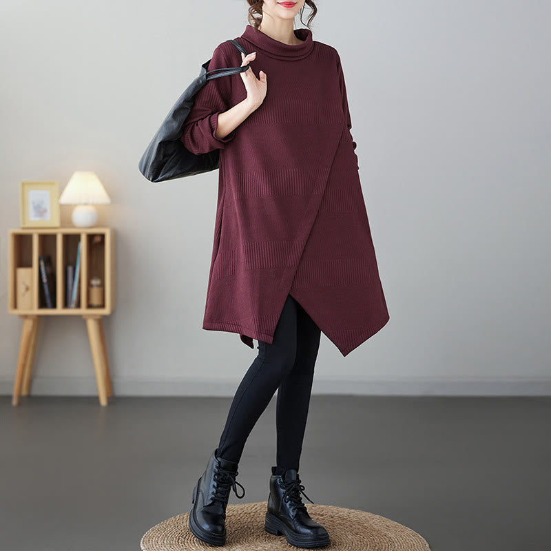 Nimara Ritual Winter Irregular Hem Design Mock Neck Long Sleeve Midi Dress With Pockets