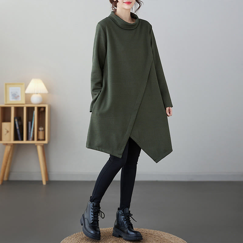 Nimara Ritual Winter Irregular Hem Design Mock Neck Long Sleeve Midi Dress With Pockets