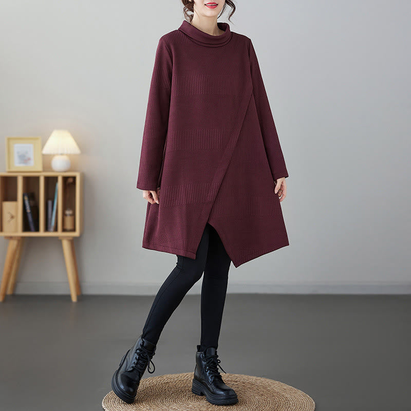 Nimara Ritual Winter Irregular Hem Design Mock Neck Long Sleeve Midi Dress With Pockets