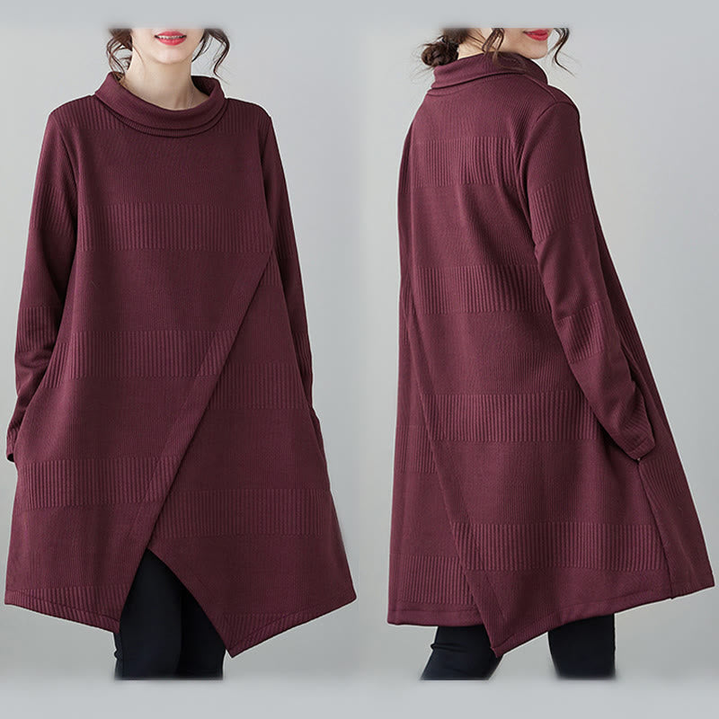 Nimara Ritual Winter Irregular Hem Design Mock Neck Long Sleeve Midi Dress With Pockets
