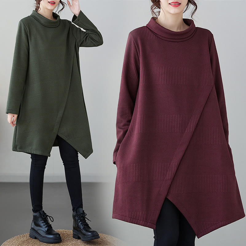 Nimara Ritual Winter Irregular Hem Design Mock Neck Long Sleeve Midi Dress With Pockets