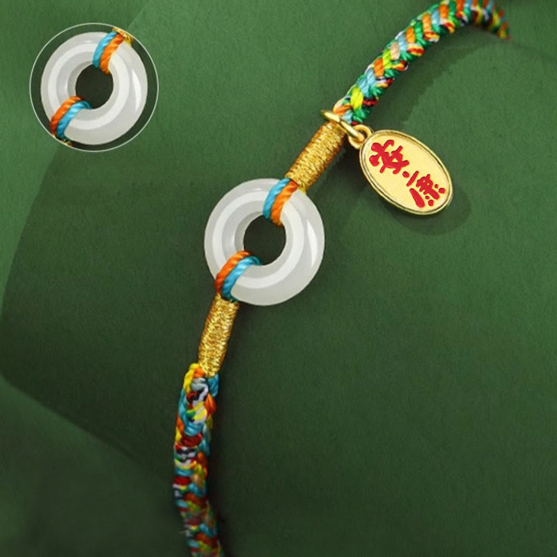 Nimara Ritual Handmade Peace Buckle Jade Prosperity 925 Sterling Silver Colorful Rope Bracelet