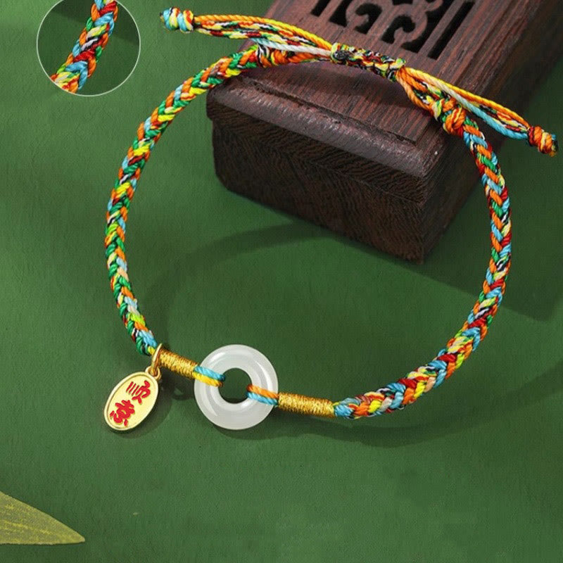 Nimara Ritual Handmade Peace Buckle Jade Prosperity 925 Sterling Silver Colorful Rope Bracelet