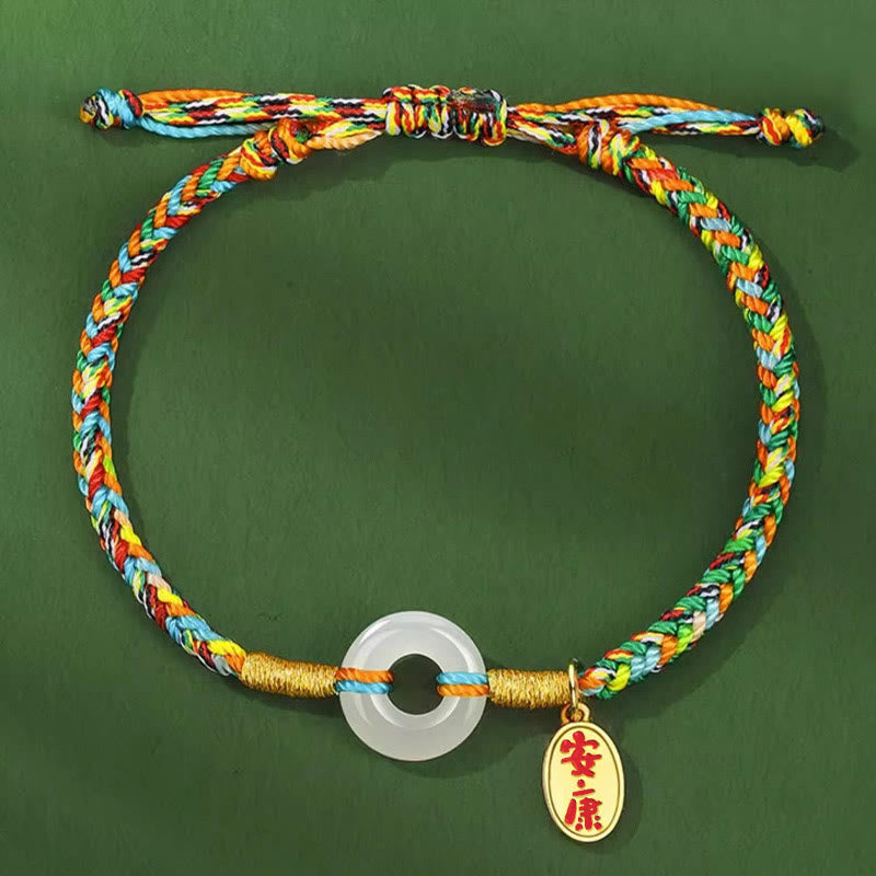 Nimara Ritual Handmade Peace Buckle Jade Prosperity 925 Sterling Silver Colorful Rope Bracelet