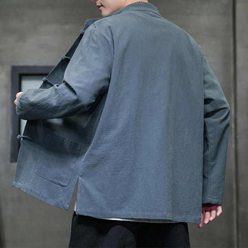 Nimara Ritual Solid Color Frog-button Tang Suit Cotton Linen Men's Jacket Shirt With Pockets