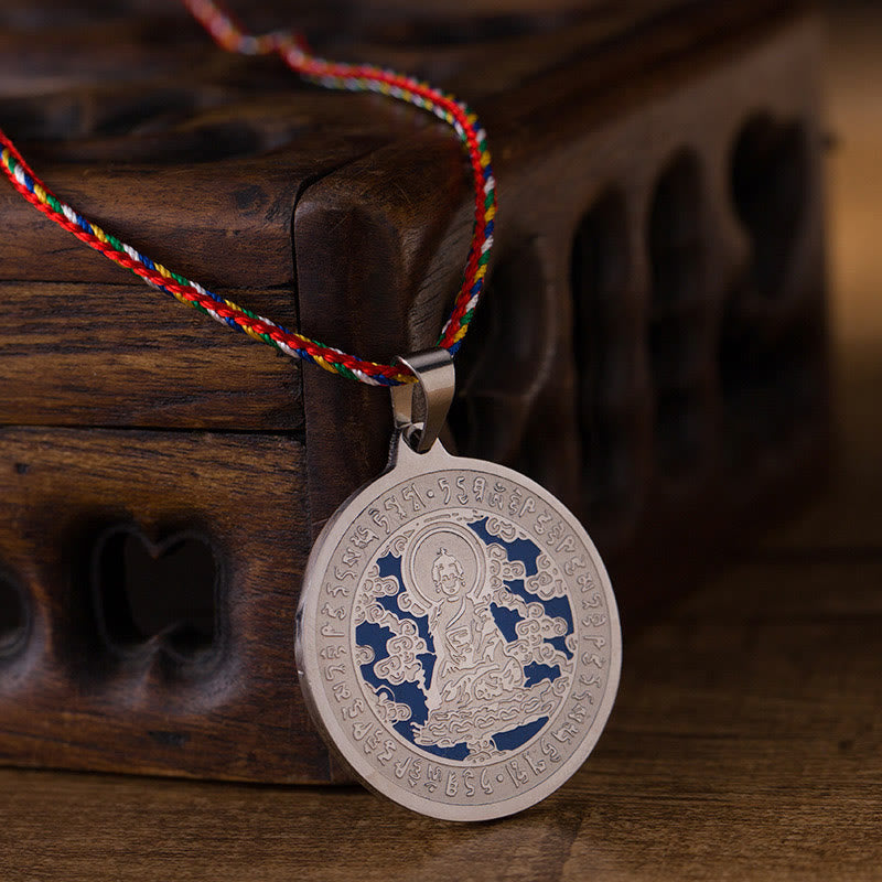 Nimara Ritual Blue Medicine Buddha Heart Mantra Titanium Steel Faith Colored Rope Necklace Pendant