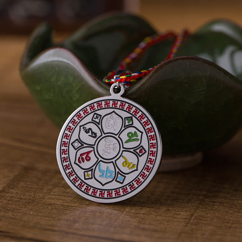 Nimara Ritual Colorful Om Mani Padme Hum Titanium Steel Protection Rope Necklace Pendant