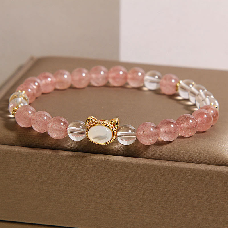 Nimara Ritual Cat Natural Strawberry Quartz White Crystal Bead Healing Bracelet