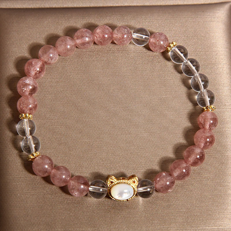 Nimara Ritual Cat Natural Strawberry Quartz White Crystal Bead Healing Bracelet