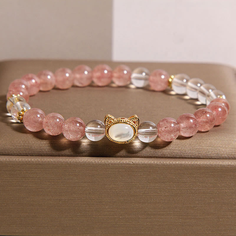 Nimara Ritual Cat Natural Strawberry Quartz White Crystal Bead Healing Bracelet