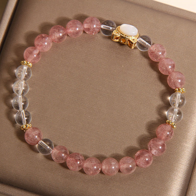 Nimara Ritual Cat Natural Strawberry Quartz White Crystal Bead Healing Bracelet