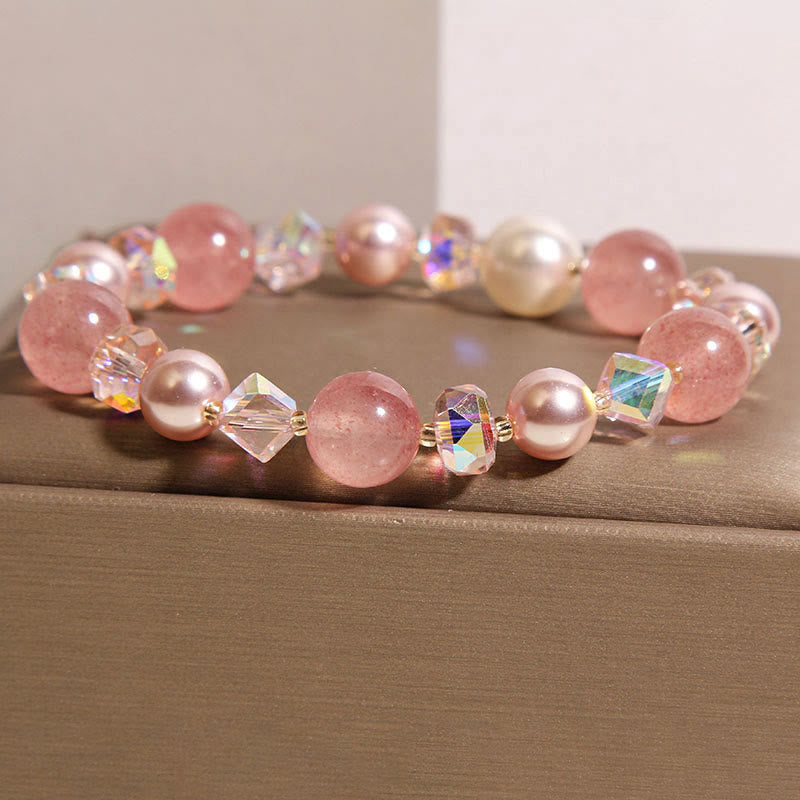 Nimara Ritual Natural Strawberry Quartz White Crystal Pearl Positive Bracelet